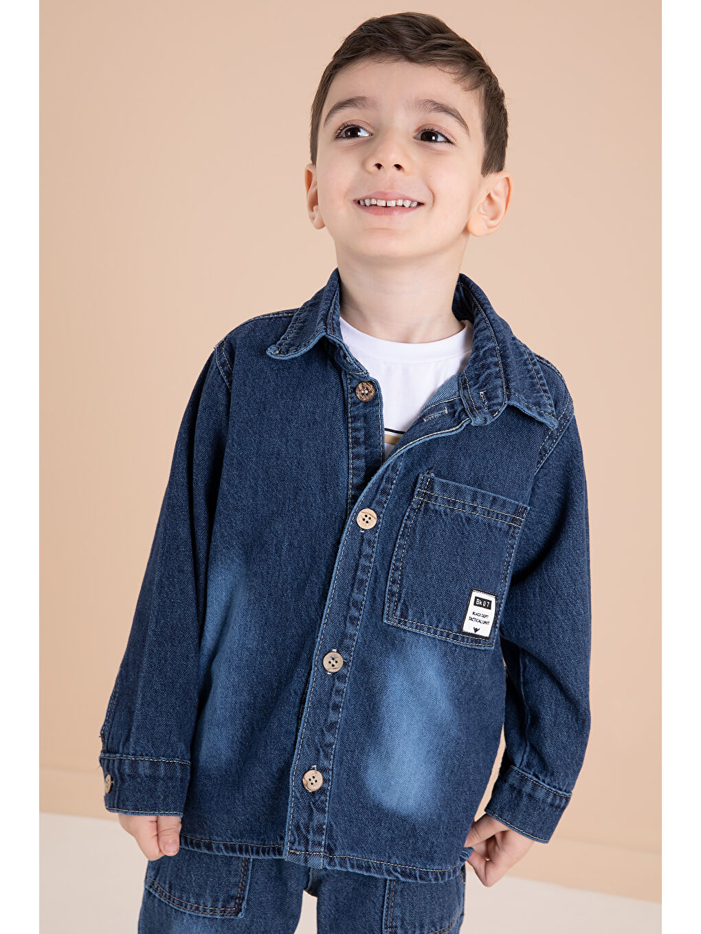 Lacivert Düğmeli Jean Ceketli Pantolonlu Erkek Çocuk 3'lü Takım 20012-3