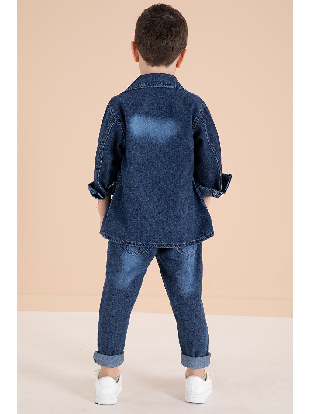 Lacivert Düğmeli Jean Ceketli Pantolonlu Erkek Çocuk 3'lü Takım 20012-4