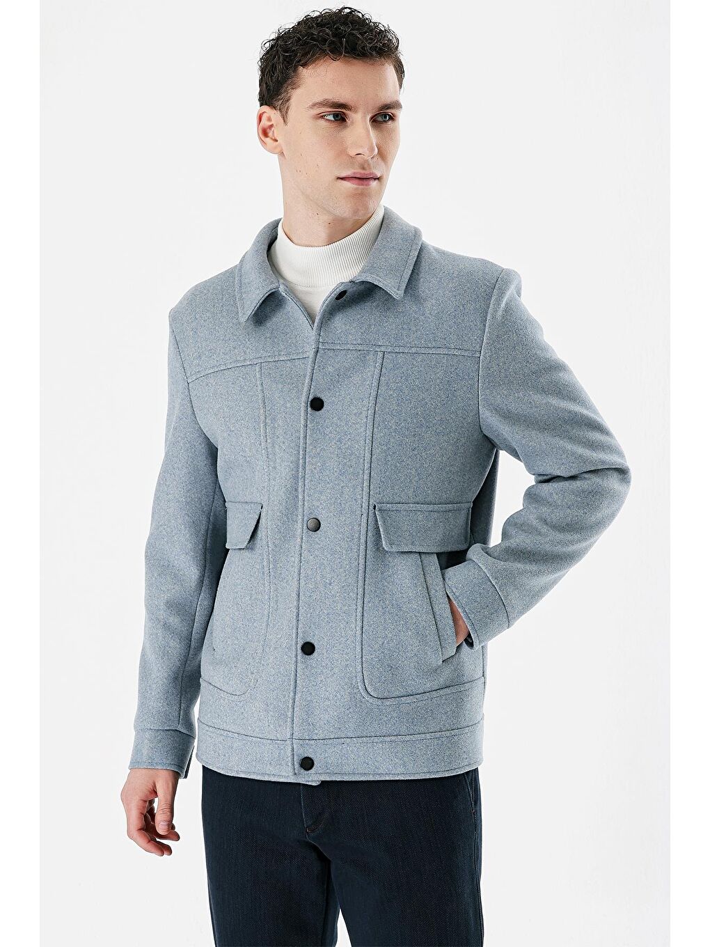 Koyu Mavi Kaşe Kolej Yaka Astarlı Slim Fit Dar Kesim Casual Mont 1007235172