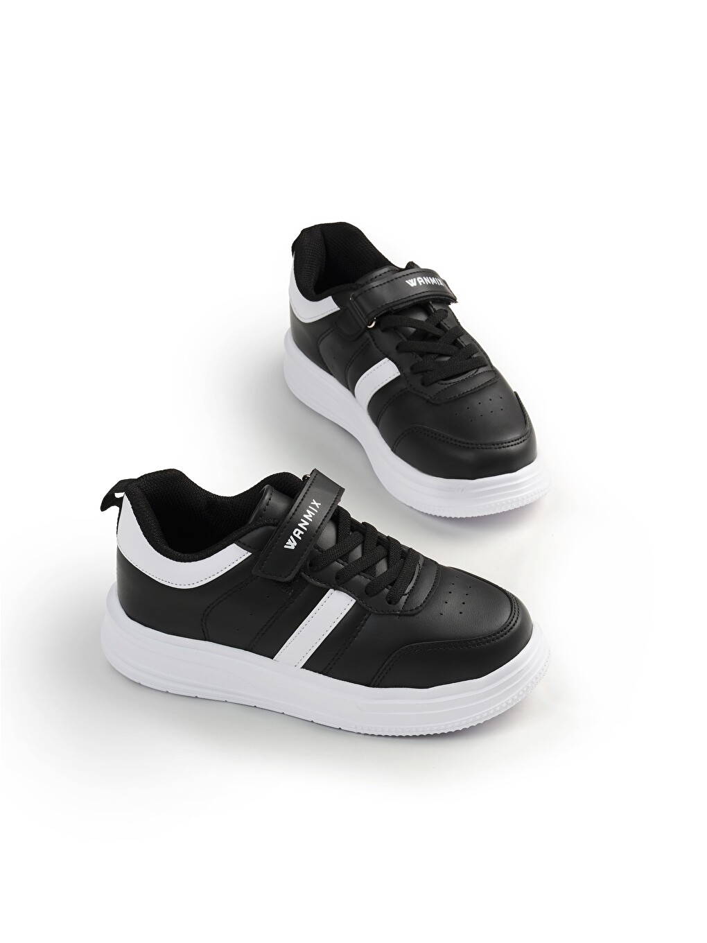 Çocuk Unisex Siyah Beyaz Rahat Kalıp Yanı Cizgili Cırtlı Sneaker