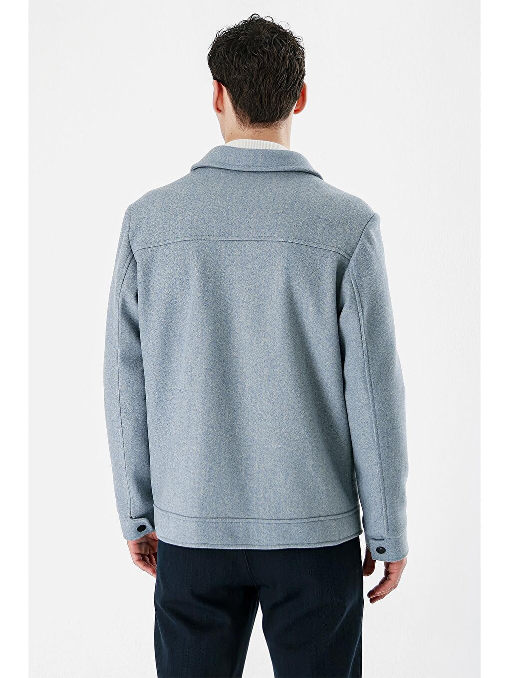 Koyu Mavi Kaşe Kolej Yaka Astarlı Slim Fit Dar Kesim Casual Mont 1007235172-1