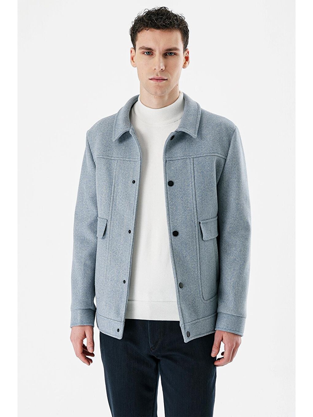 Koyu Mavi Kaşe Kolej Yaka Astarlı Slim Fit Dar Kesim Casual Mont 1007235172-2