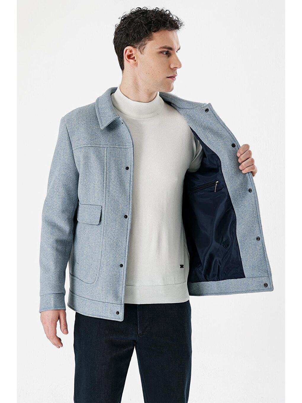 Koyu Mavi Kaşe Kolej Yaka Astarlı Slim Fit Dar Kesim Casual Mont 1007235172-3