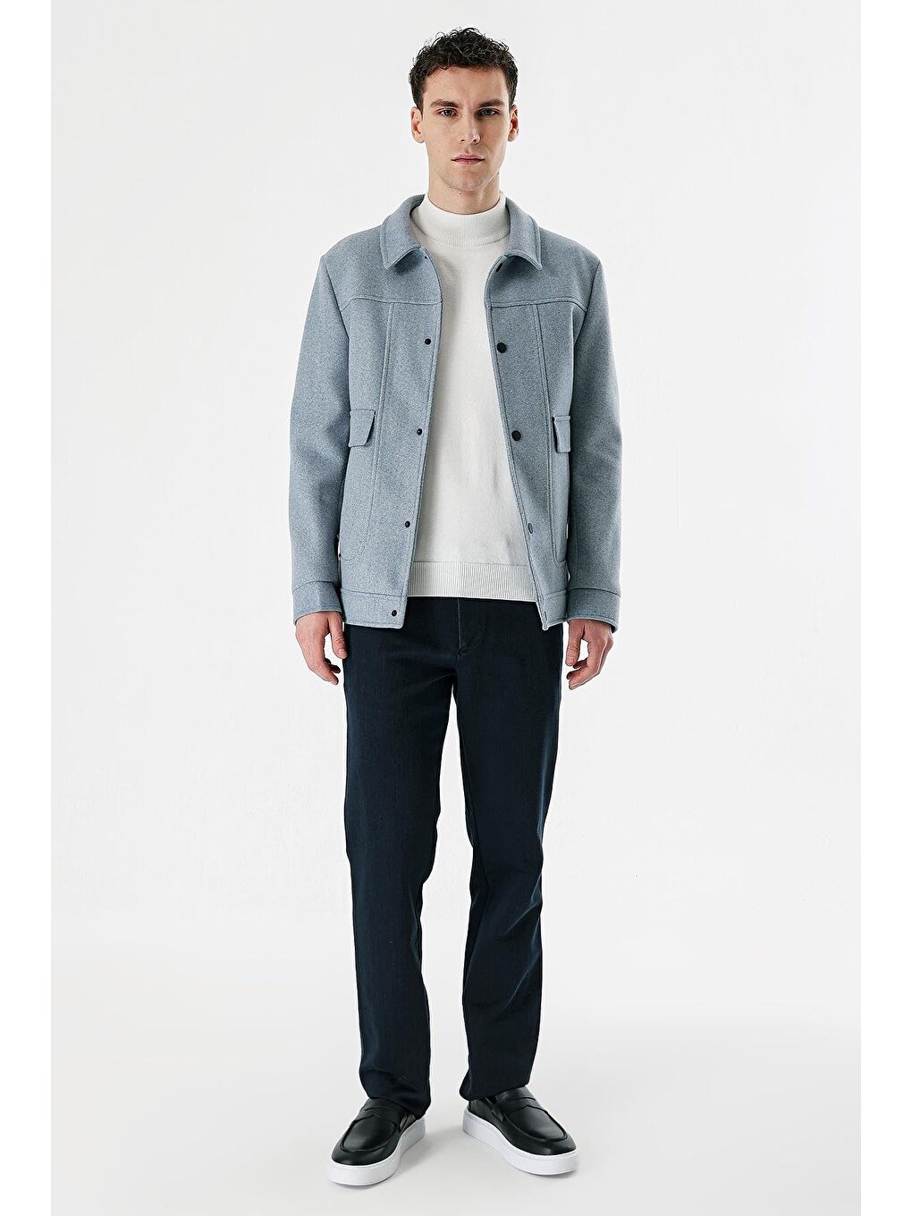 Koyu Mavi Kaşe Kolej Yaka Astarlı Slim Fit Dar Kesim Casual Mont 1007235172-4