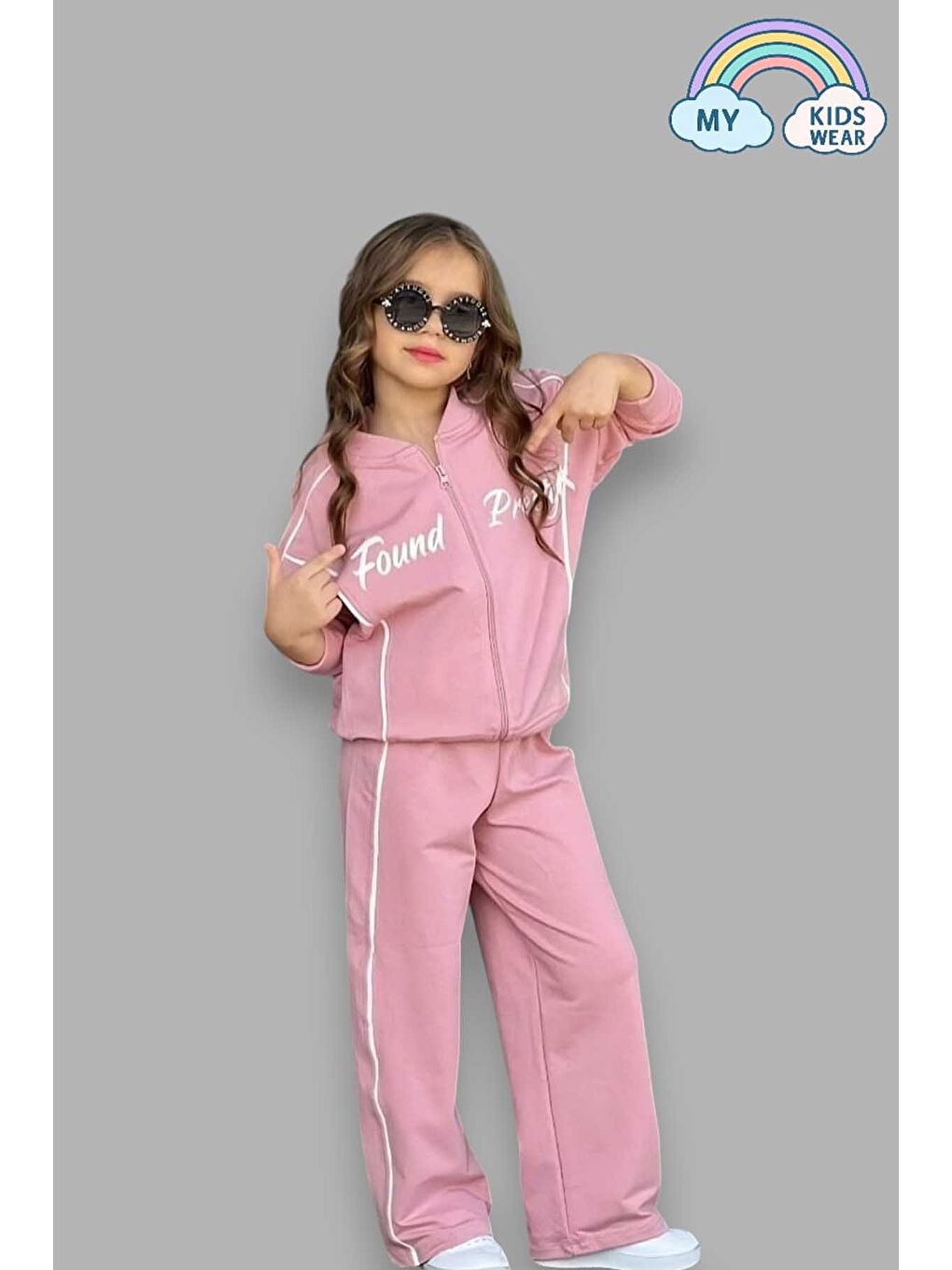 Pembe Kız Çocuk Yazılı Pudra Okul Eşofman Takımı Fermuarlı Spor Takım 5-14 Yaş 12035