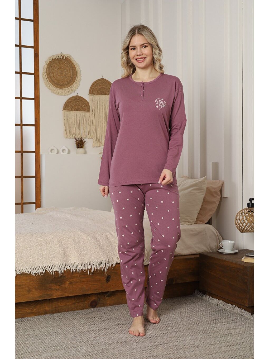 Lila Kadın Modal Kumaş Yıldızlı Düğmeli Kaliteli Esnek Rahat Pijama Takımı