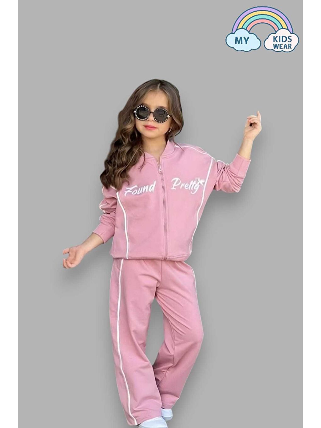 Pembe Kız Çocuk Yazılı Pudra Okul Eşofman Takımı Fermuarlı Spor Takım 5-14 Yaş 12035-1