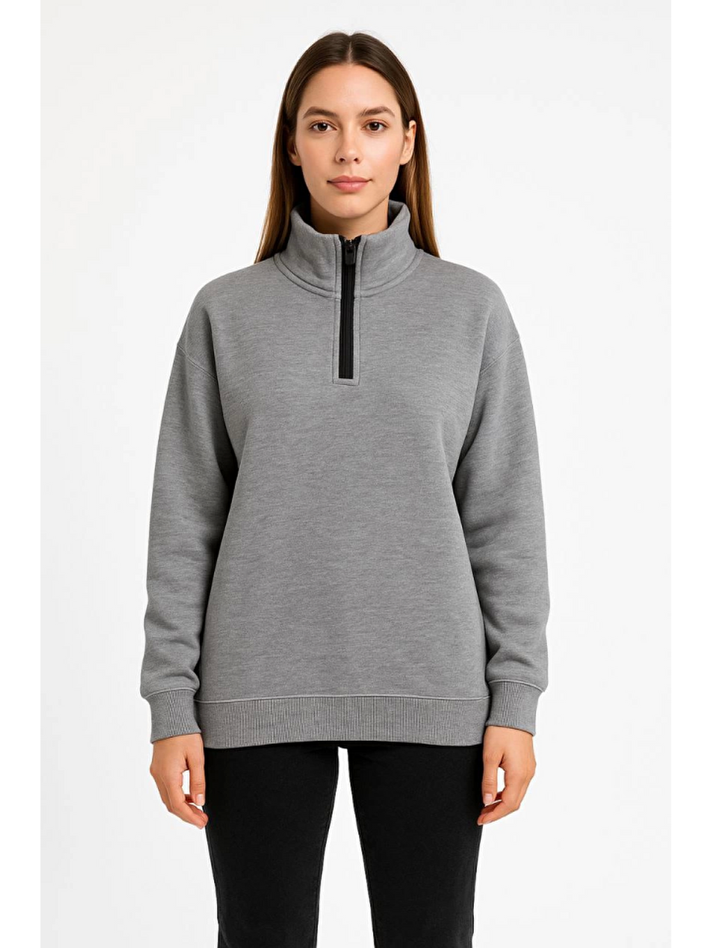 Üç İplik Dık Yaka Yarım Fermuarlı Sweatshirt - Gri