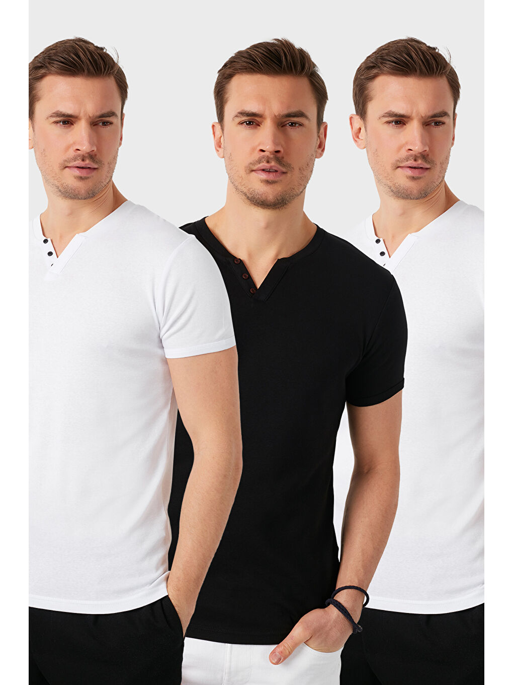 Beyaz Pamuklu Düğme Detaylı Slim Fit V Yaka 3'lü Paket Tişört 5902122S3
