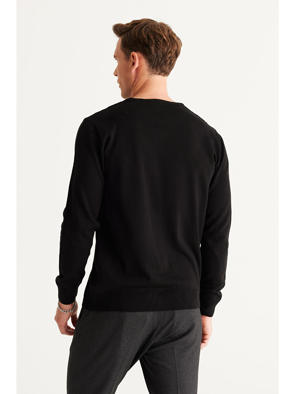 Erkek Siyah Anti-Pilling Tüylenme Yapmayan Standart Fit Önü Jakarlı Triko Kazak-2