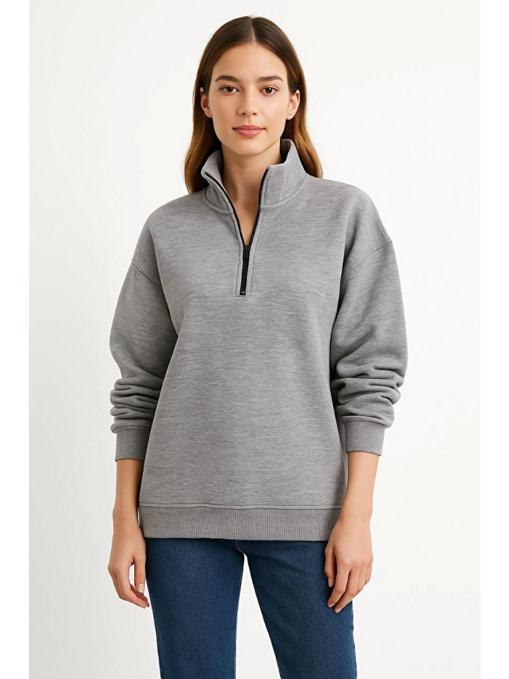 Üç İplik Dık Yaka Yarım Fermuarlı Sweatshirt - Gri-1