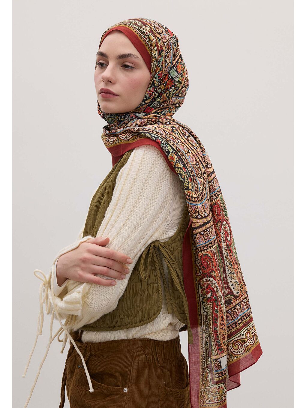 Nordıc Paısley Desen Şal Kırmızı-3