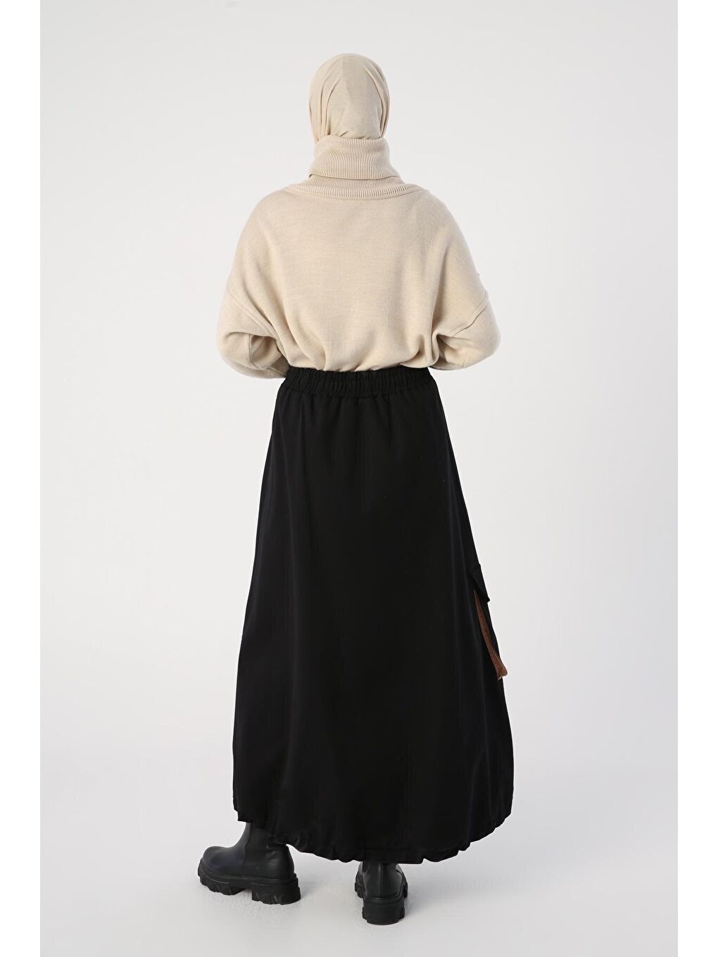 Siyah Pamuklu Kontrast Dokuma Garnili Fermuarlı Kargo Etek-3