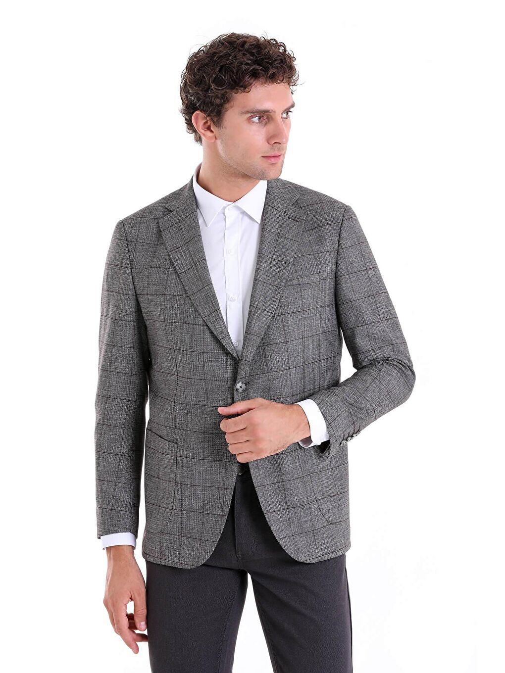 Gri Slim Fit Kareli Mono Yaka Keten Ceket