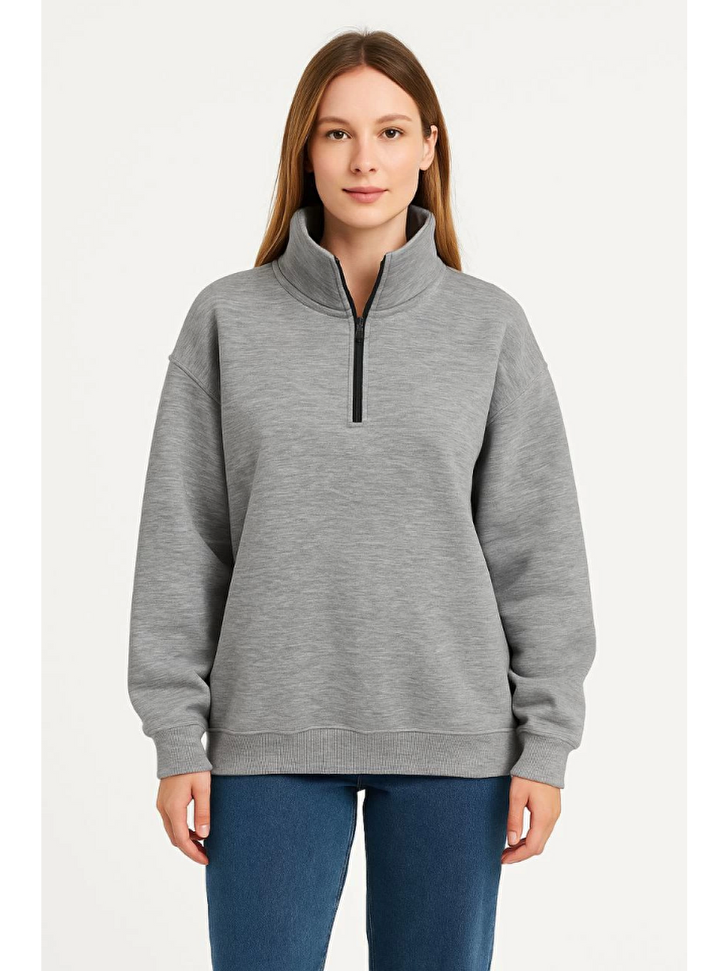Üç İplik Dık Yaka Yarım Fermuarlı Sweatshirt - Gri-2