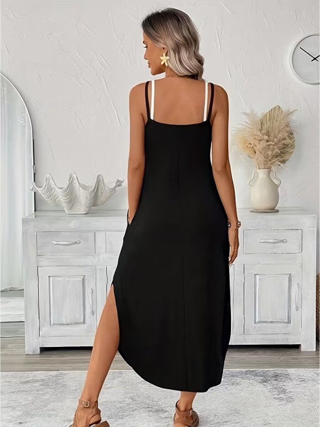 Siyah Kadın Ip Askılı Yuvarlak Yakalı Cepli Uzun Viskon Elbise-1