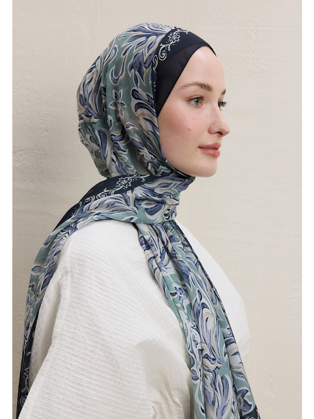 Yeşil Laura Desen İpek Krep Şal Mint-1