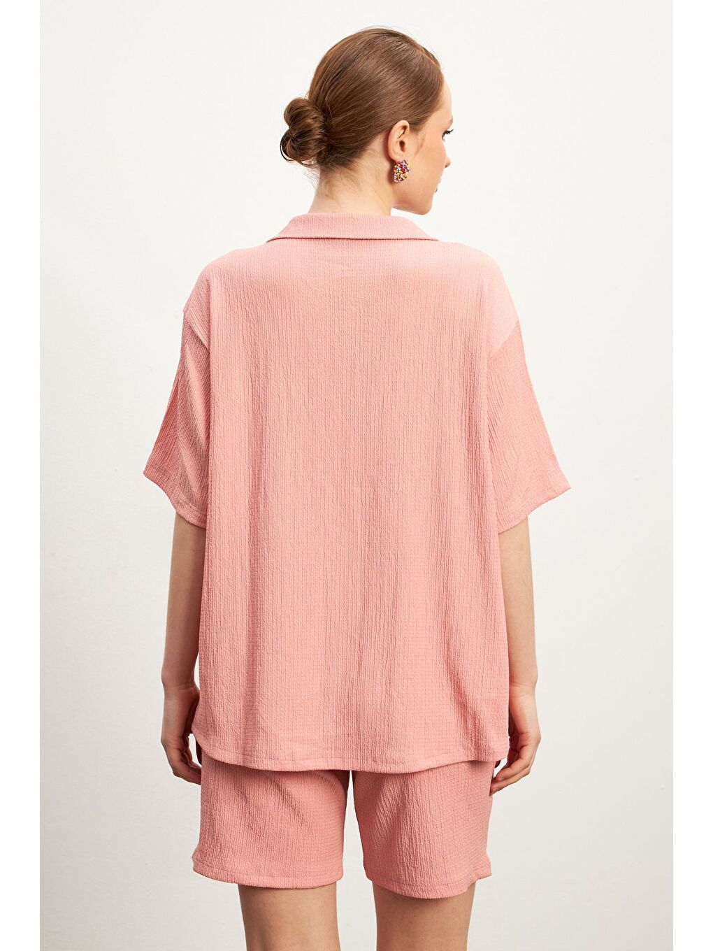 Kadın Pembe Kısa Kollu Krinkıl Gömlek Şortlu Takım-3