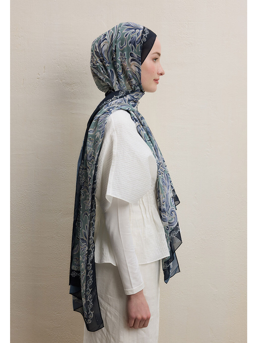Yeşil Laura Desen İpek Krep Şal Mint-3