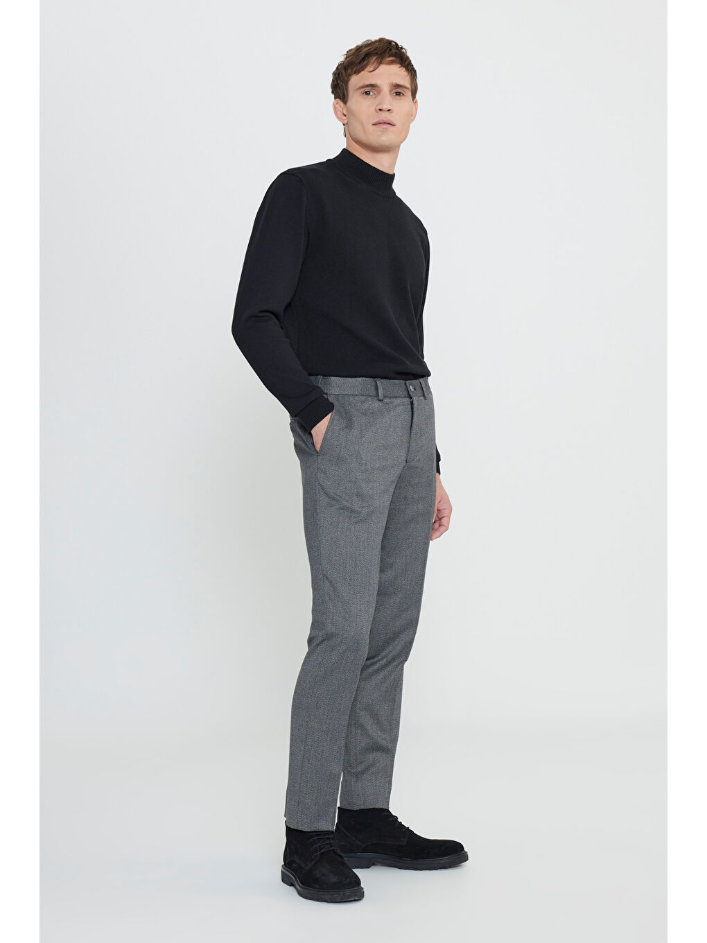 Erkek Antrasit Comfort Fit Rahat Kesim Beli Gizli Lastikli Desenli Esnek Yan Cep Klasik Pantolon-1