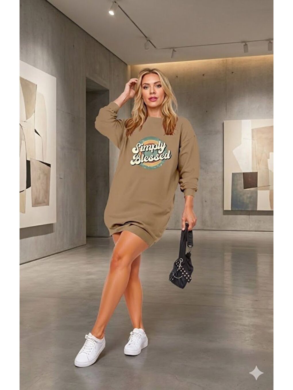 Bej Kadın Uzun Kollu Bisiklet Yaka Yazılı Viskon Iki Iplik Elbise