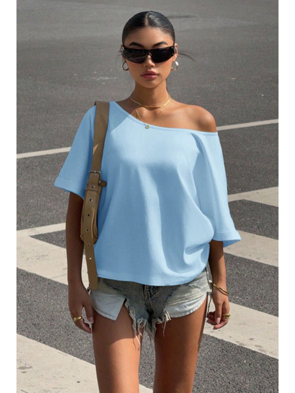 Mavi Kadın Oversize Düşük Omuz Basic Tişört – Salaş Kesim Yazlık Rahat T-Shirt-2
