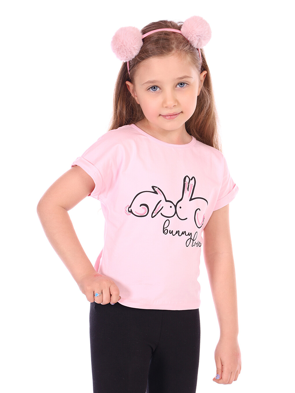 Pembe Kız Bebek Tavşan Baskılı Nakışlı Tişört