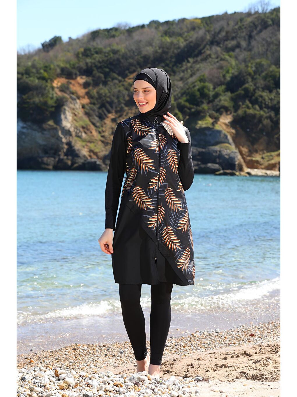 Siyah Garnili Jile Model Taytlı Tam Kapalı Tesettür Mayo 3442