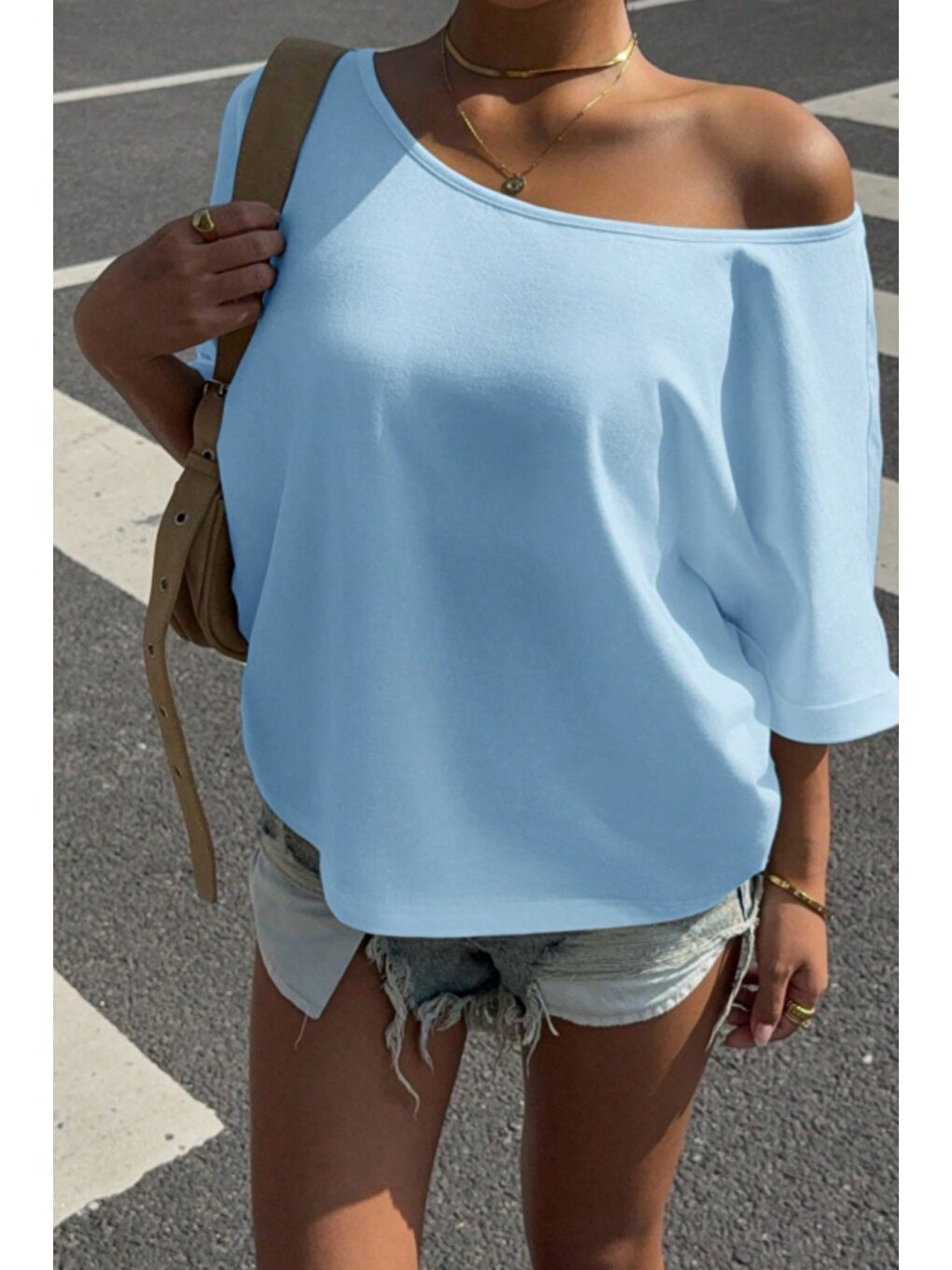 Mavi Kadın Oversize Düşük Omuz Basic Tişört – Salaş Kesim Yazlık Rahat T-Shirt-3