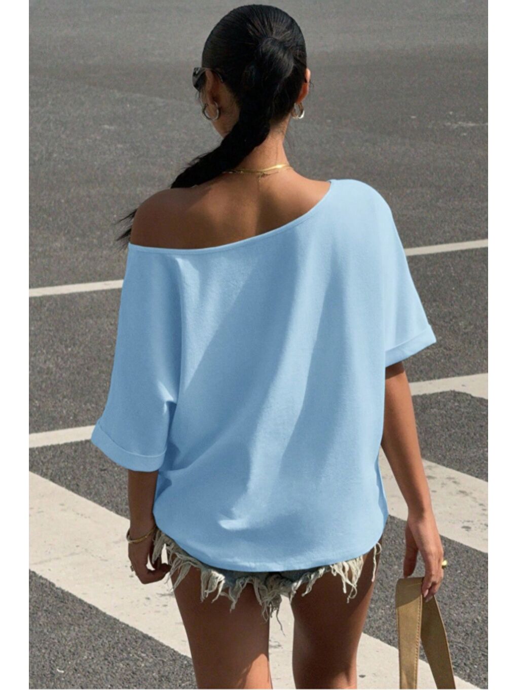 Mavi Kadın Oversize Düşük Omuz Basic Tişört – Salaş Kesim Yazlık Rahat T-Shirt-4