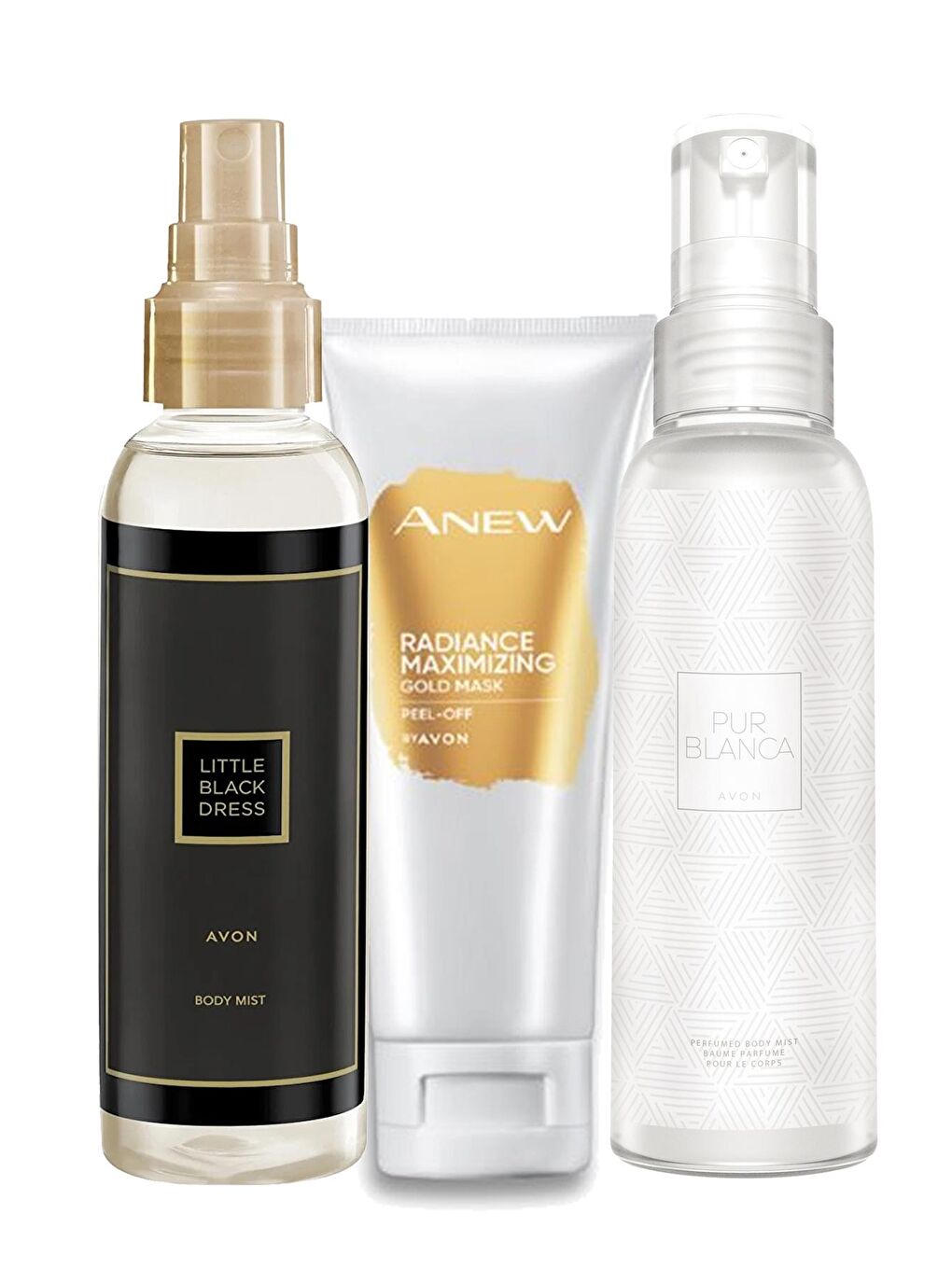 AVON Renksiz Little Black Dres Pur Blanca Vücut Spreyi ve Anew Radiance Maximising Gold Yüz Maskesi Paketi