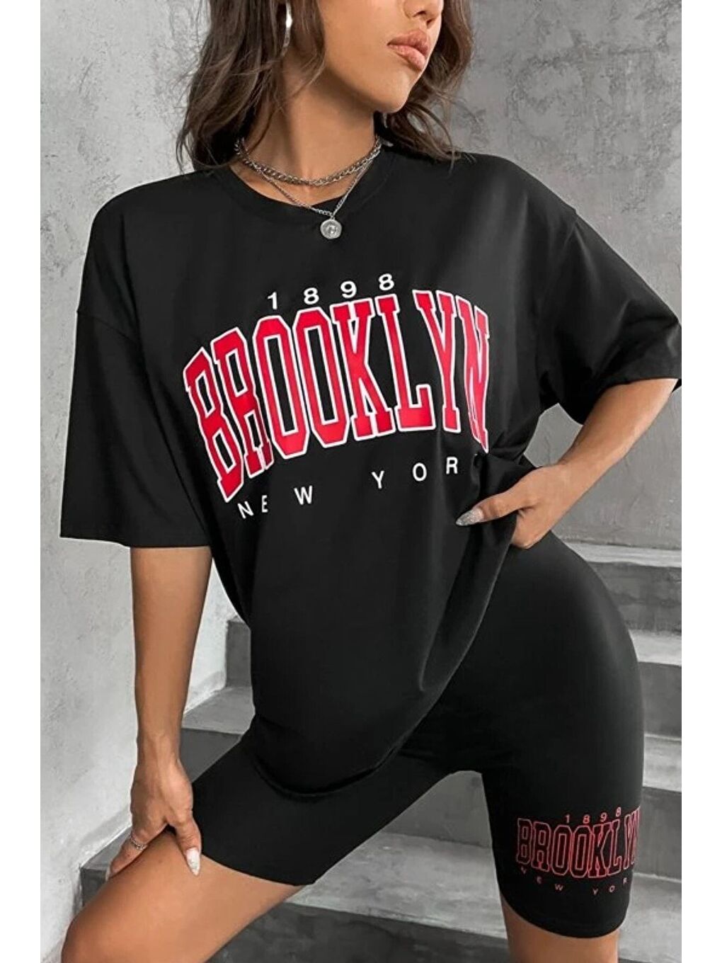 Kadın Oversize Siyah Brooklyn New York Baskılı Tshirt Tayt Takım