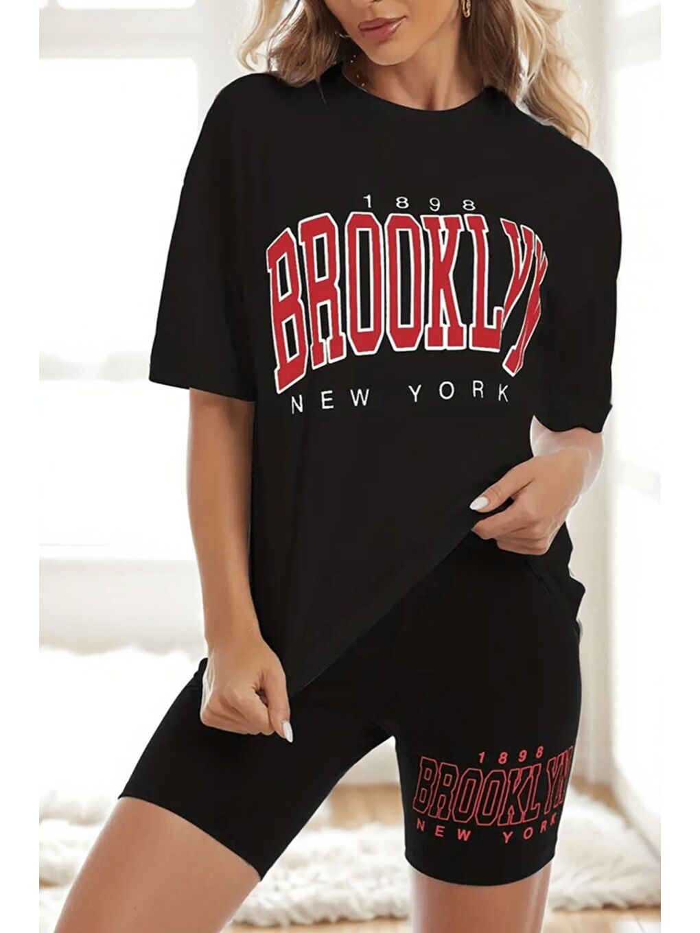 Kadın Siyah Brooklyn Baskılı T-Shirt Tayt Takım