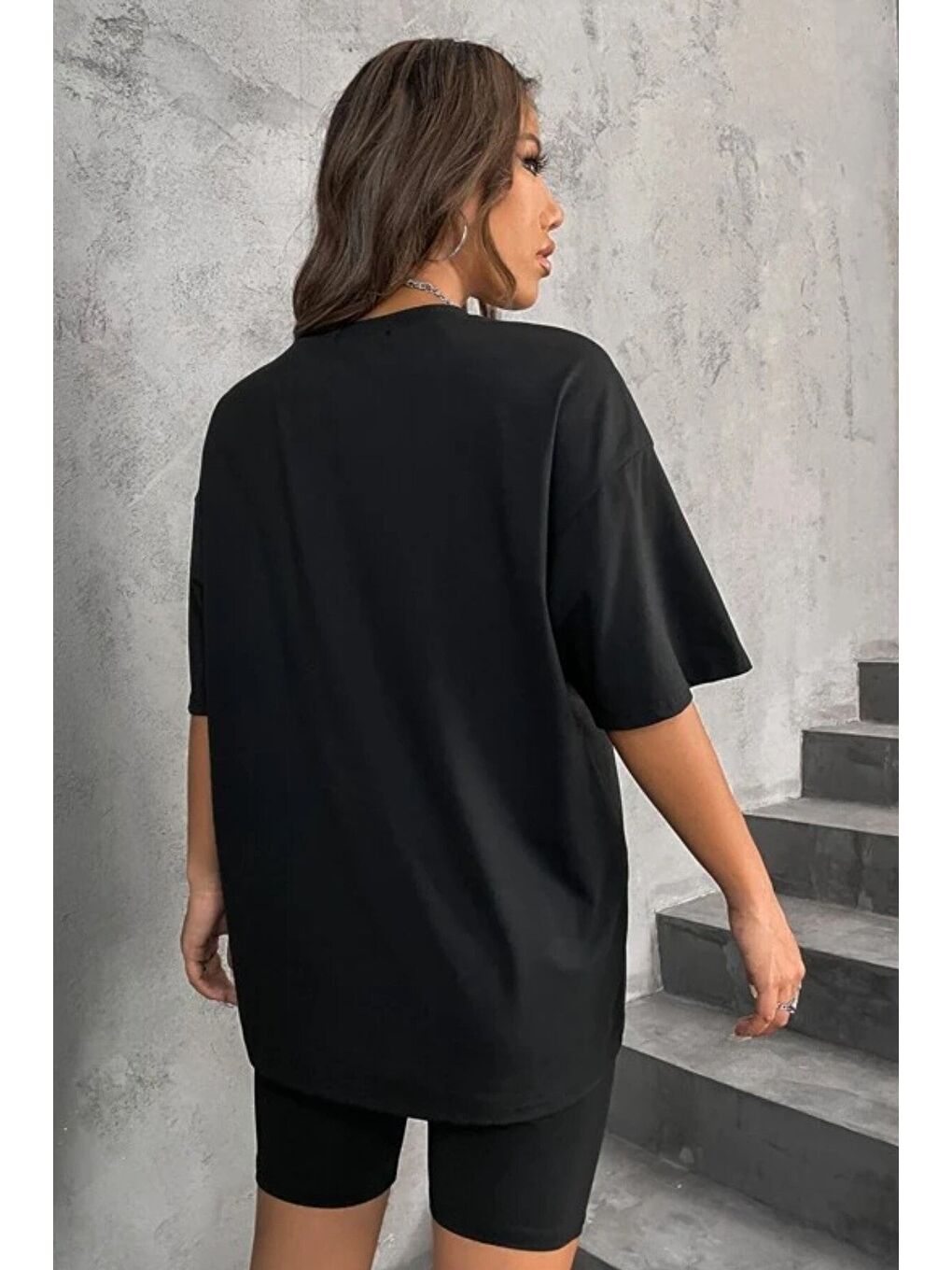 Kadın Oversize Siyah Brooklyn New York Baskılı Tshirt Tayt Takım-1