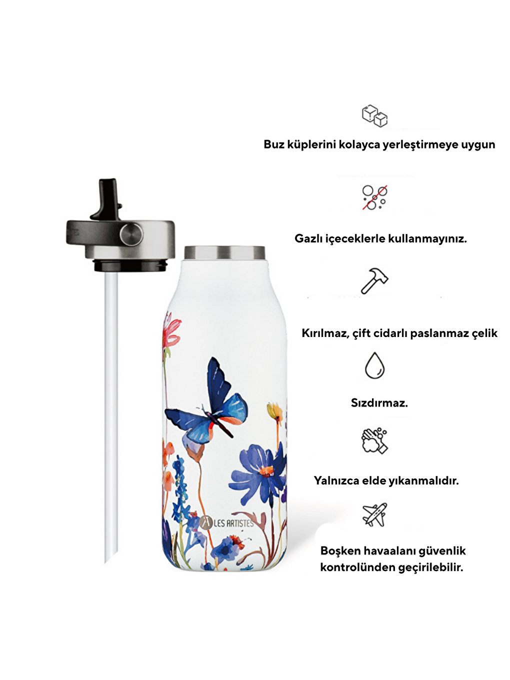 Beyaz Isı Yalıtımlı Çelik Termos 1000ml Floral Butterfly-1