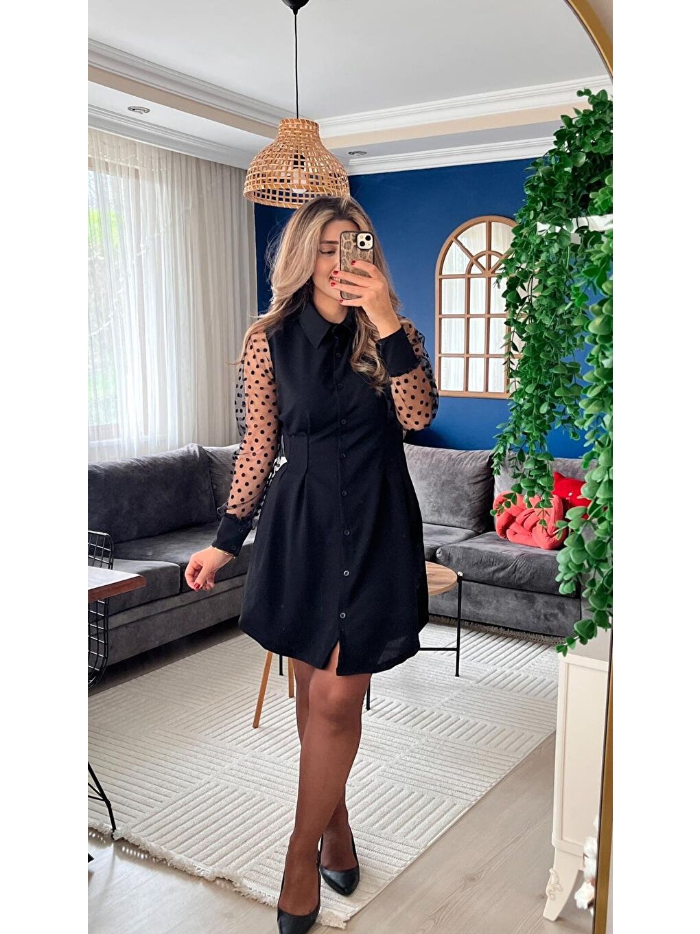 Siyah Kadın Uzun Kollu Yakalı Düğmeli Mini Ithal Krep Elbise