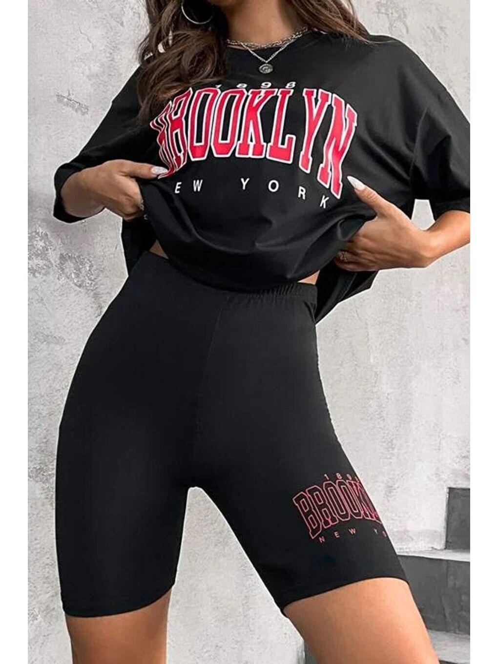Kadın Oversize Siyah Brooklyn New York Baskılı Tshirt Tayt Takım-2