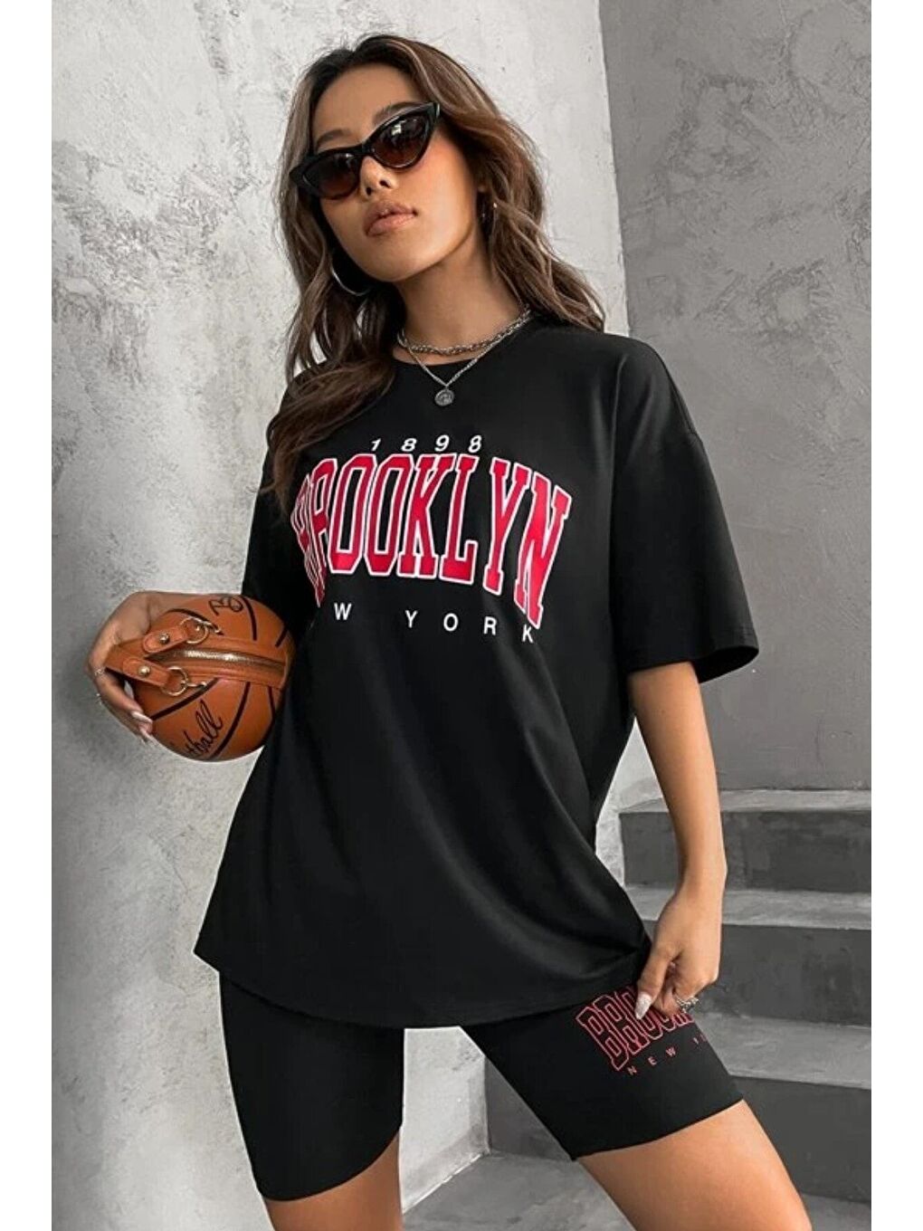 Kadın Oversize Siyah Brooklyn New York Baskılı Tshirt Tayt Takım-3