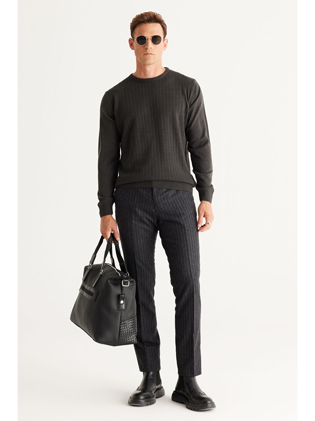 Erkek Antrasit Anti-Pilling Tüylenme Yapmayan Standart Fit Önü Jakarlı Triko Kazak-1