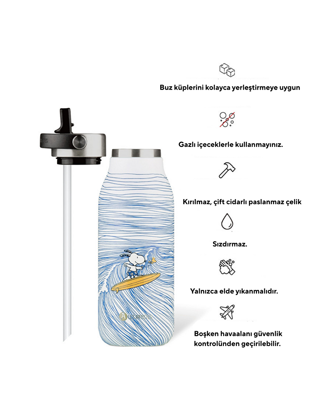 Karışık Isı Yalıtımlı Çelik Termos 1000ml Surfing Snoopy-1