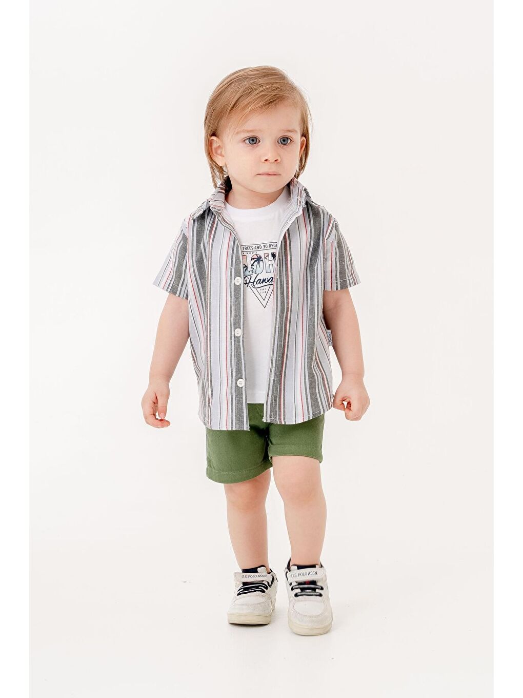 Haki Tarz Gömlekli Çizgili Belden Ayarlanabilir Kısa Kollu Şortlu 3'lü Takım