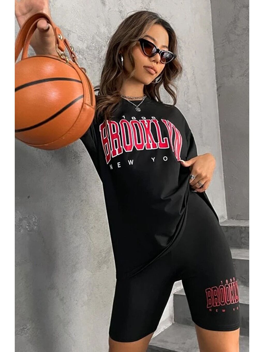 Kadın Oversize Siyah Brooklyn New York Baskılı Tshirt Tayt Takım-4