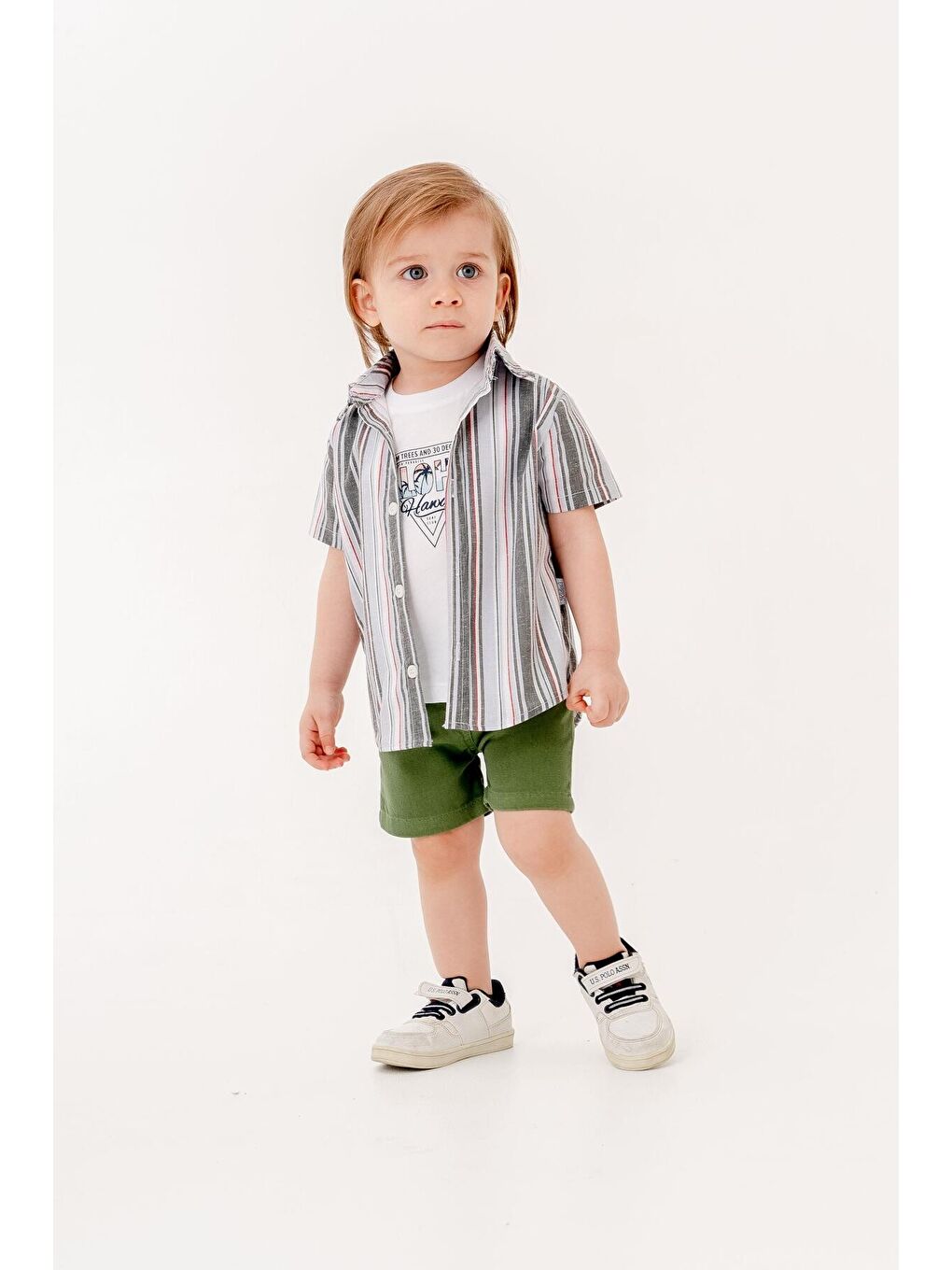 Haki Tarz Gömlekli Çizgili Belden Ayarlanabilir Kısa Kollu Şortlu 3'lü Takım-1