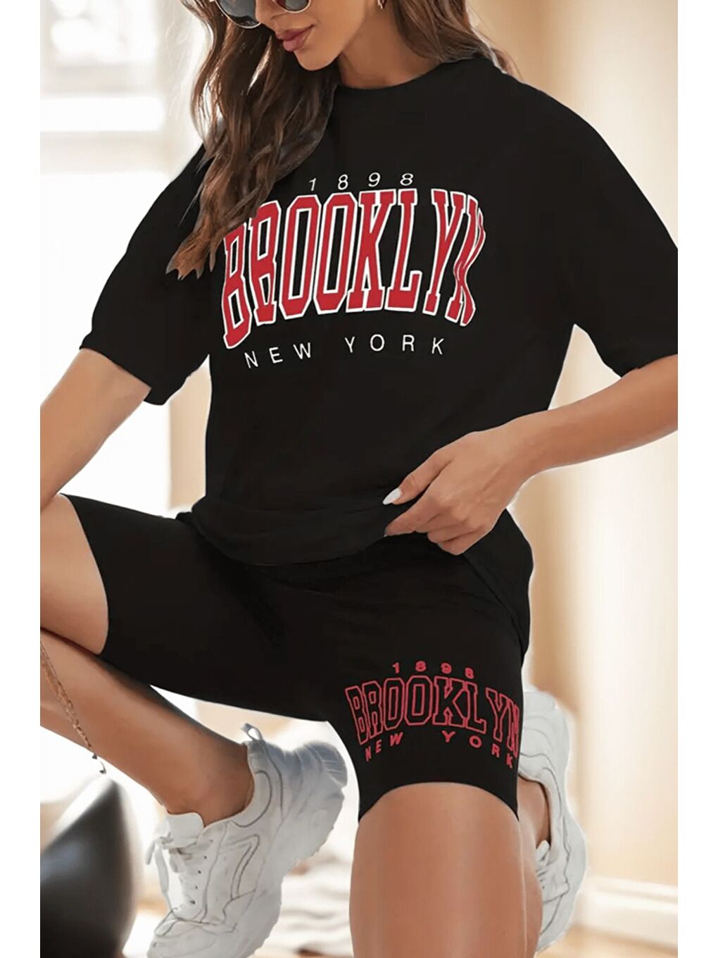 Kadın Siyah Brooklyn Baskılı T-Shirt Tayt Takım-4