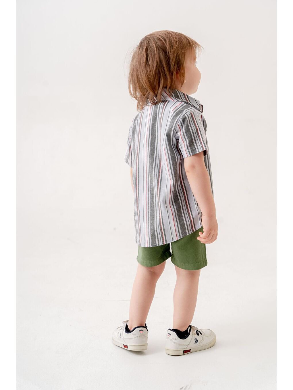 Haki Tarz Gömlekli Çizgili Belden Ayarlanabilir Kısa Kollu Şortlu 3'lü Takım-2