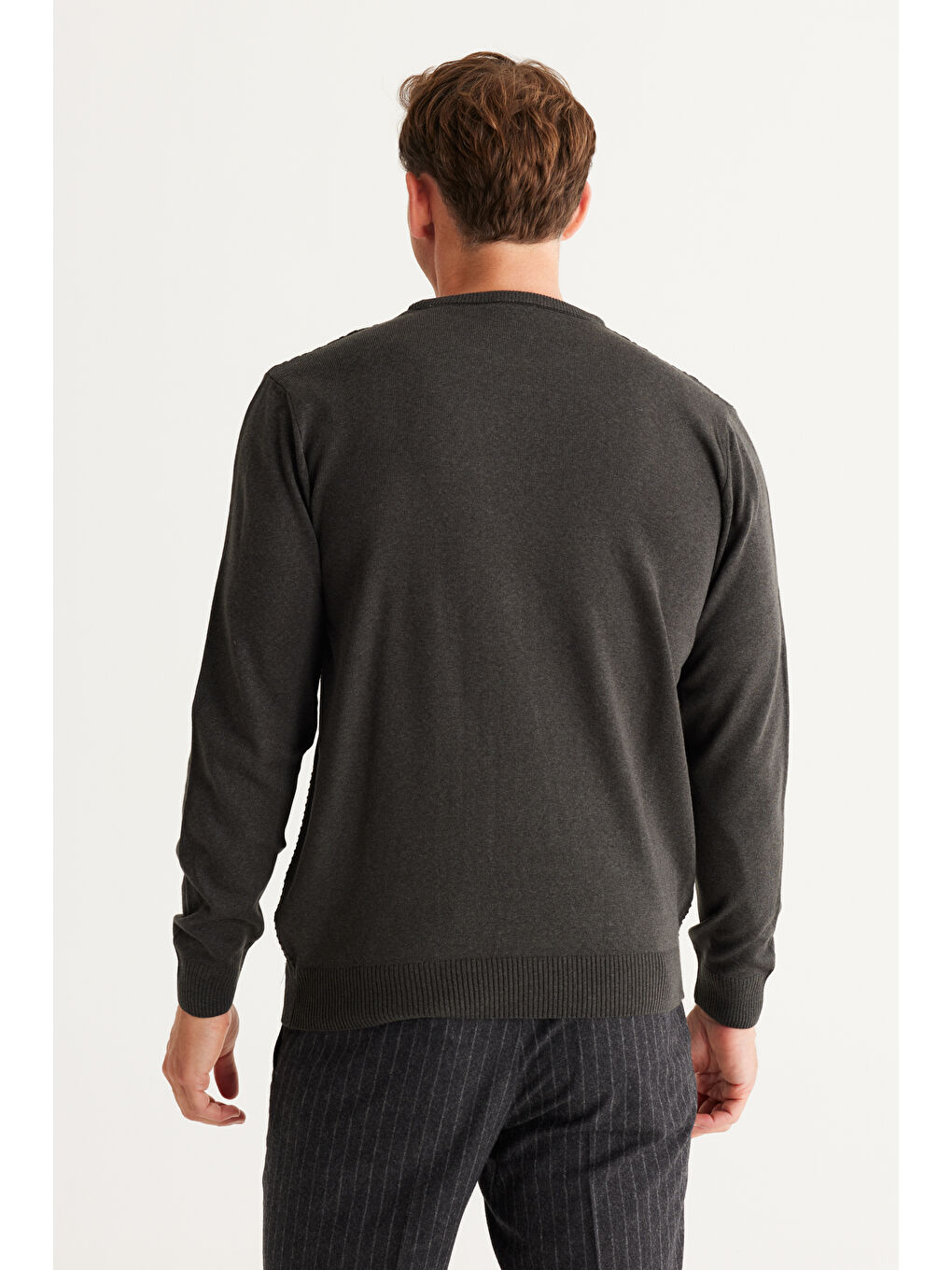 Erkek Antrasit Anti-Pilling Tüylenme Yapmayan Standart Fit Önü Jakarlı Triko Kazak-4