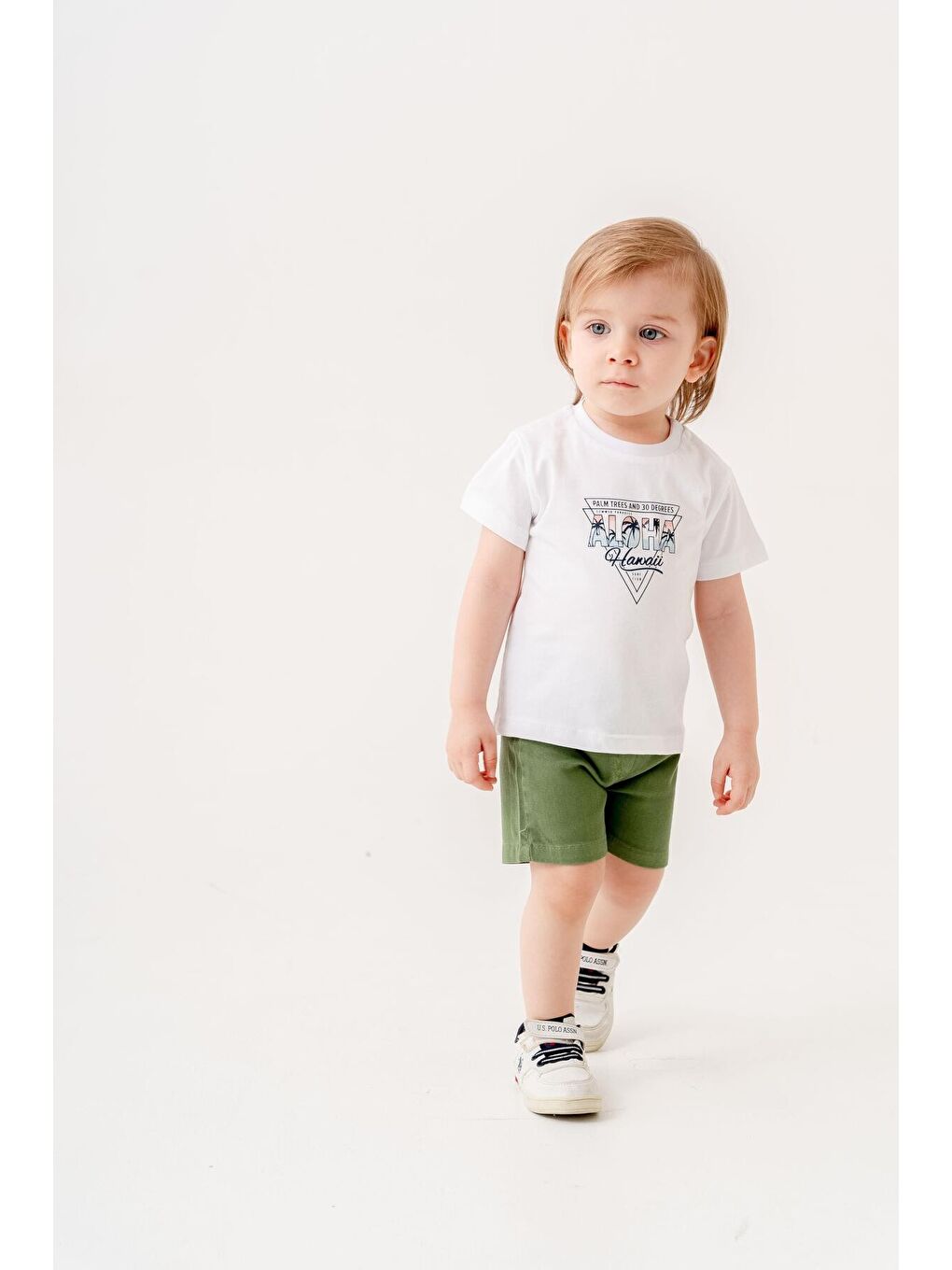 Haki Tarz Gömlekli Çizgili Belden Ayarlanabilir Kısa Kollu Şortlu 3'lü Takım-3