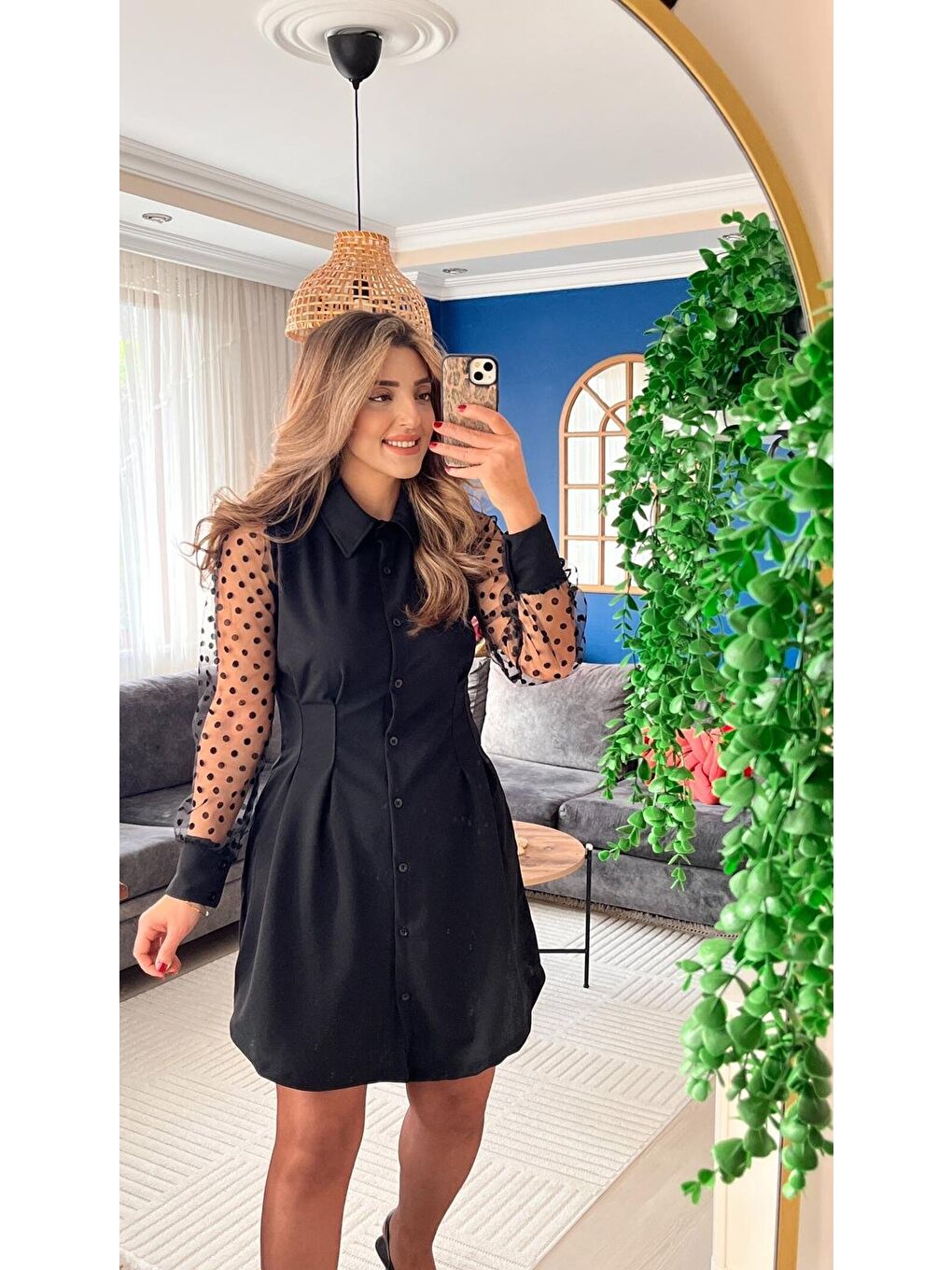 Siyah Kadın Uzun Kollu Yakalı Düğmeli Mini Ithal Krep Elbise-1