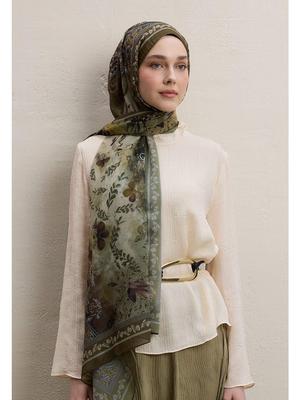 Ellen Desen İpek Krep Şal Haki