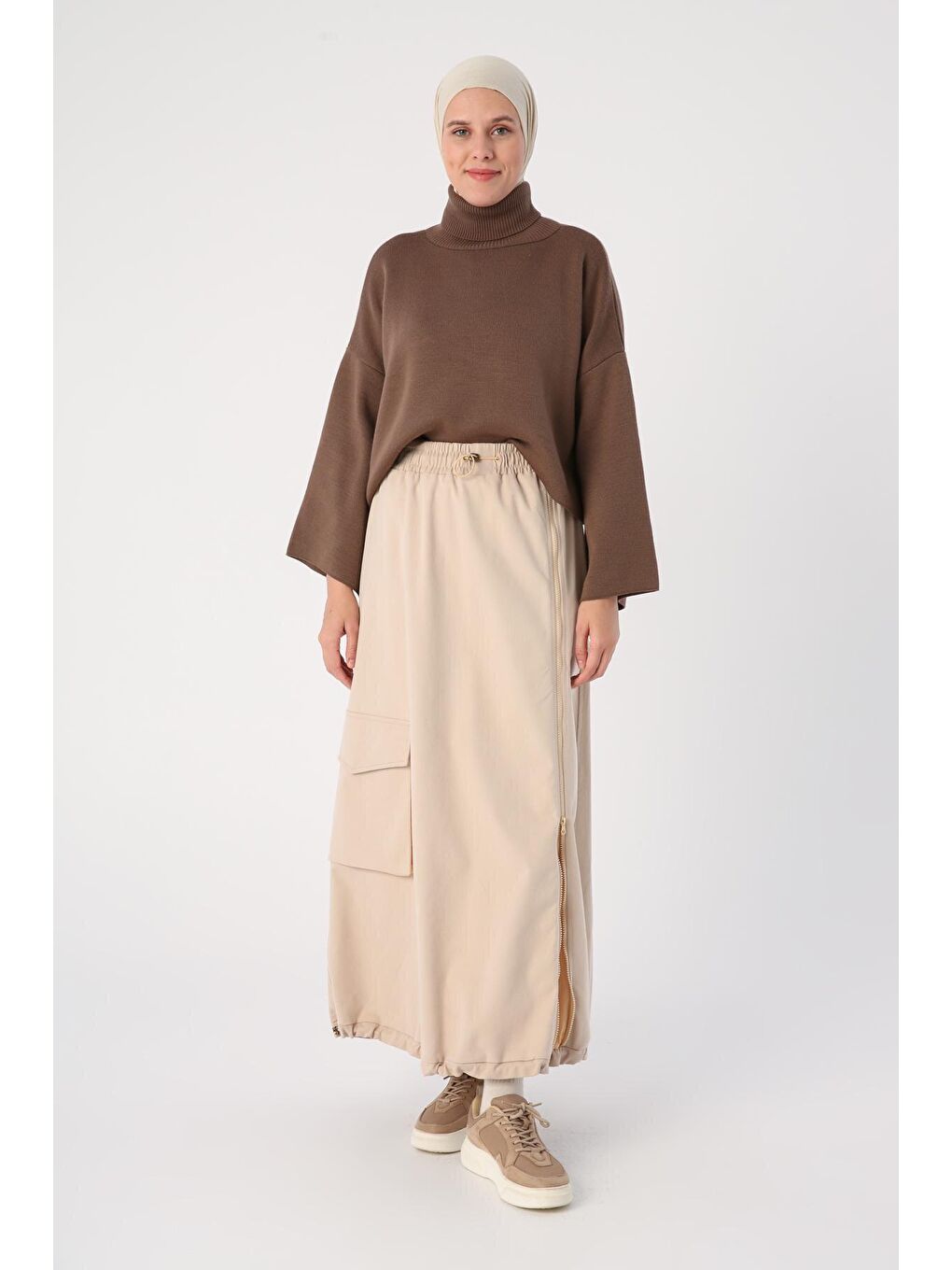 Açık Bej Pamuklu Kontrast Dokuma Garnili Fermuarlı Kargo Etek-1